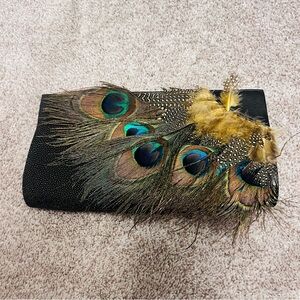Brand New Designer LAWLESS Black Leather Clutch with Peacock Feather Accents